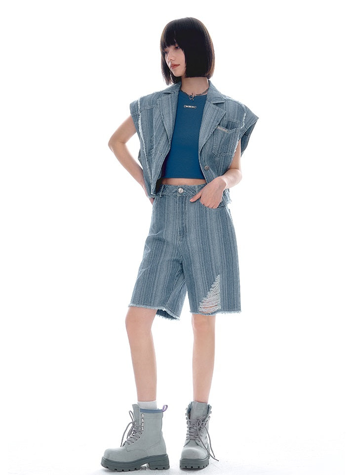 Denim Damage Vest Half-pants