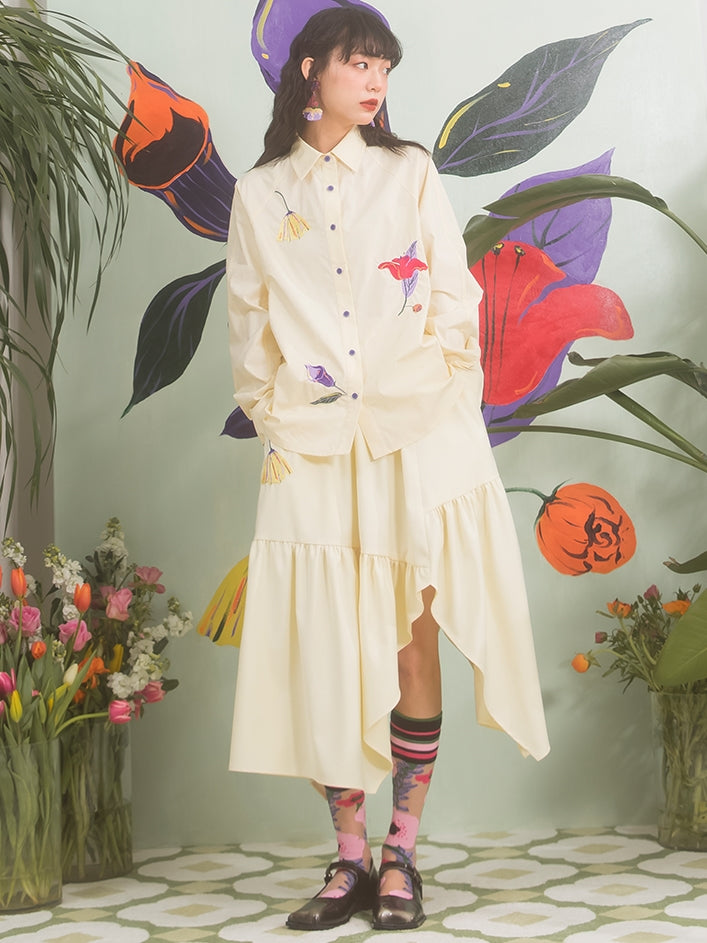 Flower Embroidery Raglan Sleeve Loose Shirt