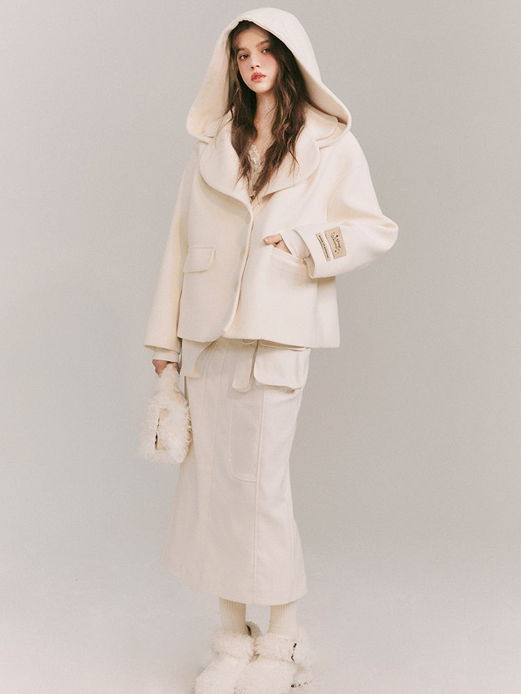 Detachable Big Hat Woolen Jacket