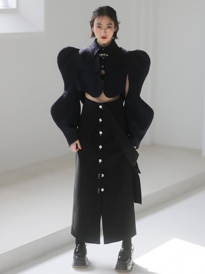 Geometric Arc Hollow Two-piece Short Woolen Coat