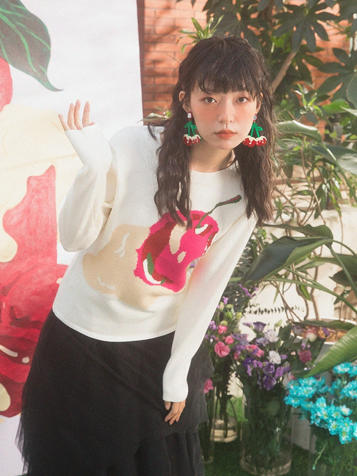 CREAM CHERRY PATTERN ROUND NECK SWEATER