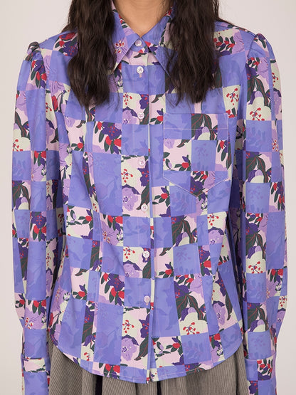 Checkerboard Cherry Blossom Pattern Loose Shirt