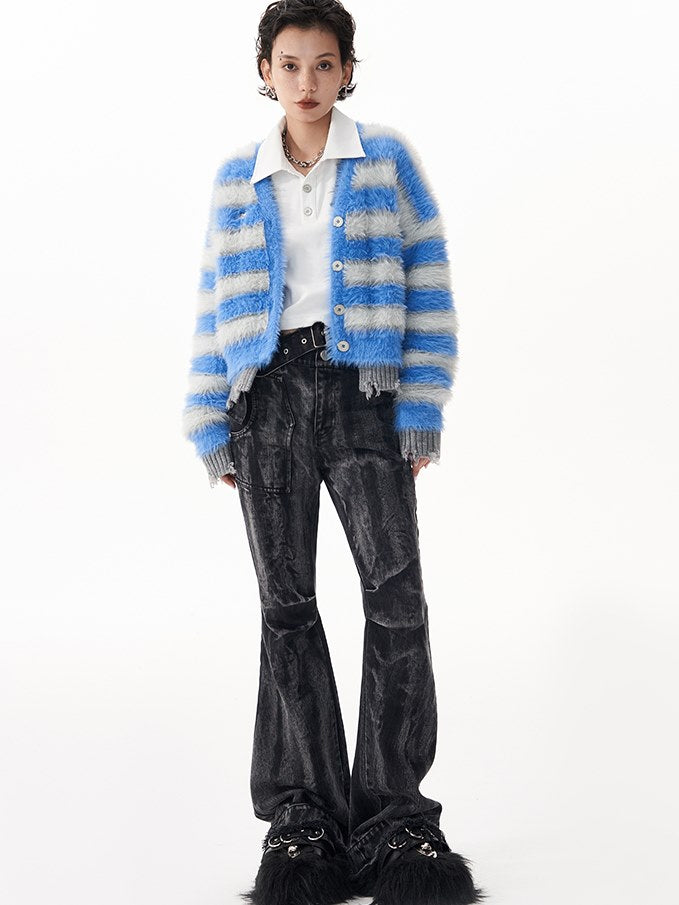 Stripe Imitation Mink V-Neck Cardigan