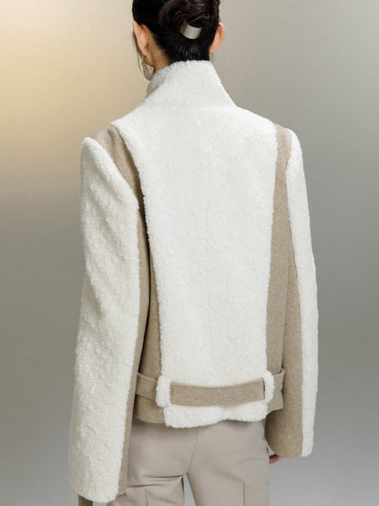 Lambskin Stitched Woolent Cropped Coat