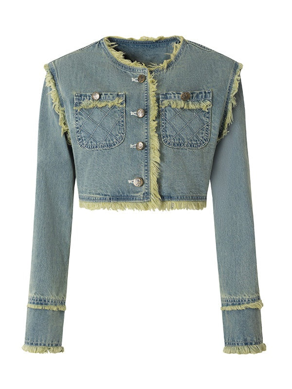 Rohe Kante -Denim -Kuchenrock und kurze Jacke