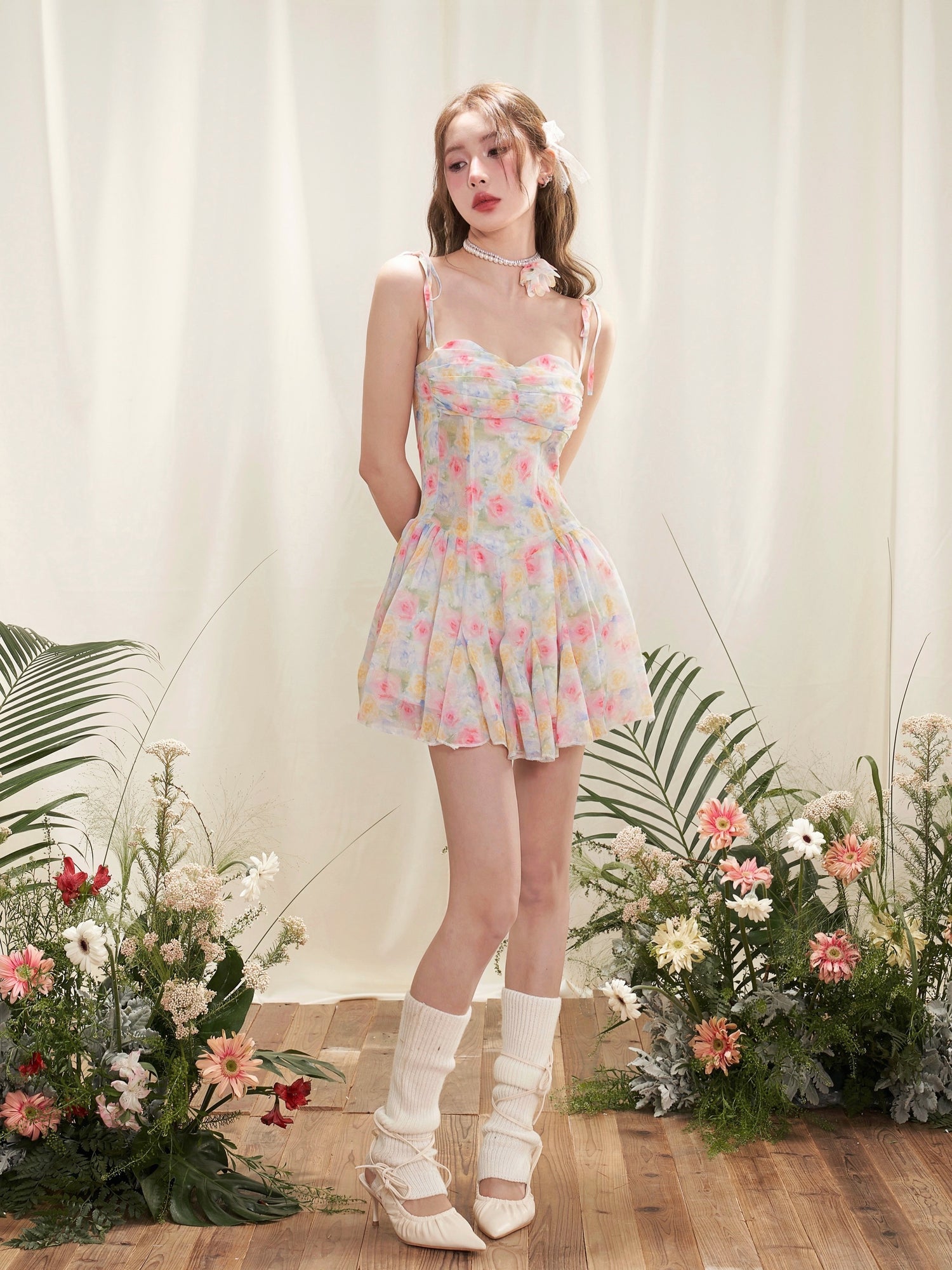 Smudged Floral Suspender Dress with Rose Pearl Necklace