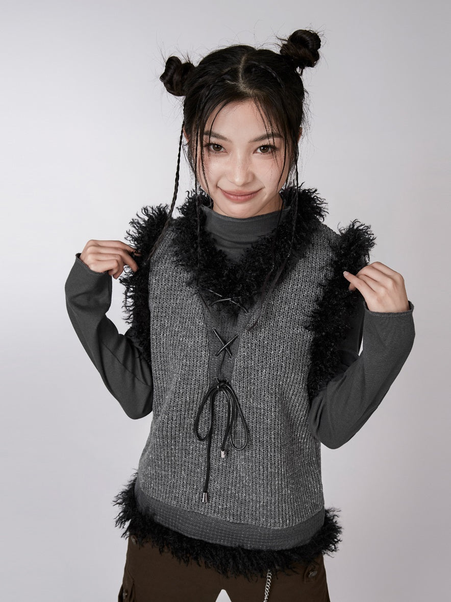 Plush Three-dimensional Design Knitted Pullover Vest