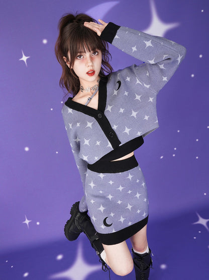 Starry Sky Design Knitted Cardigan &amp; Short Skirt