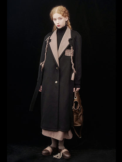 Contrasting Color Long Woolen Coat