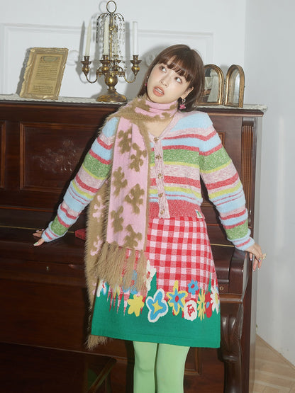 Plaid Plush Bear Flower Knitting Sweater &amp; Skirt