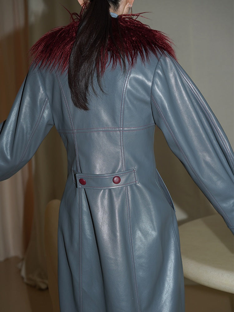 Fur Collar Slim Leather Long Coat