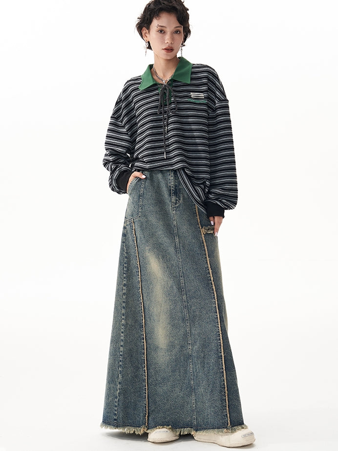 Retro Raw Edge Slit Washed Denim Skirt