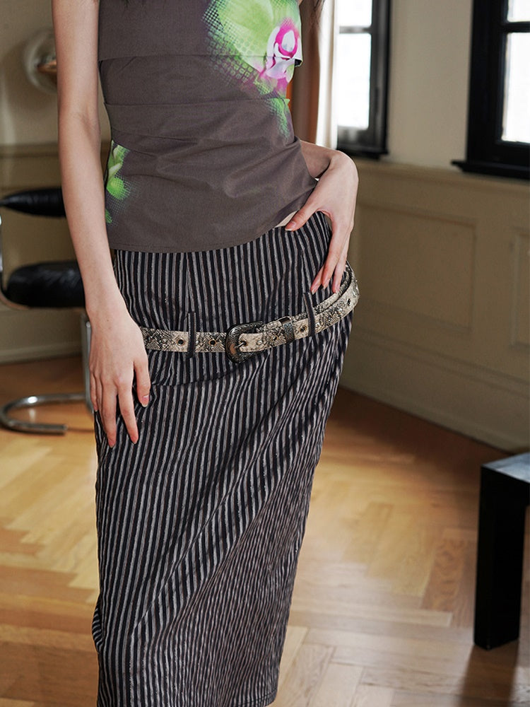 Striped Low Waist Mid Length Skirt