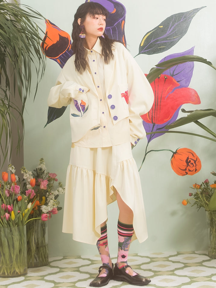 Flower Embroidery Arc-Sleeed Suit Jacket