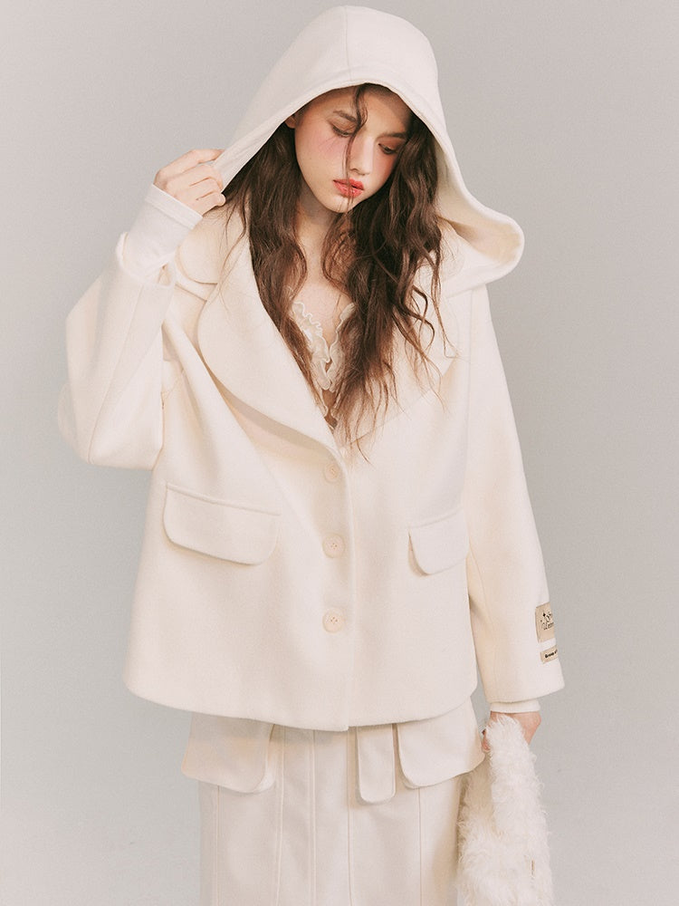 Detachable Big Hat Woolen Jacket