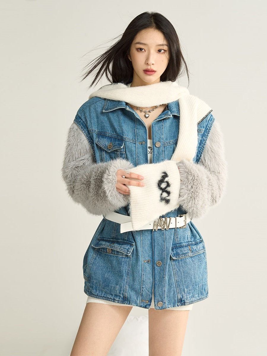 Denim Stitching Fur Jacket