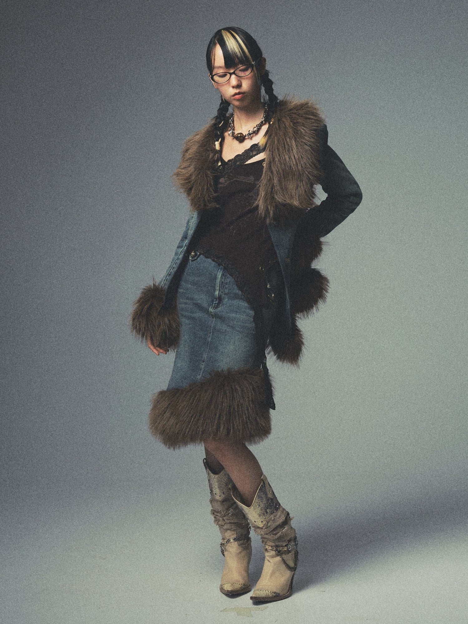 Washed Old Quilted Asymmetric Fur Collar Lapel Denim Jacket &amp; Skirt