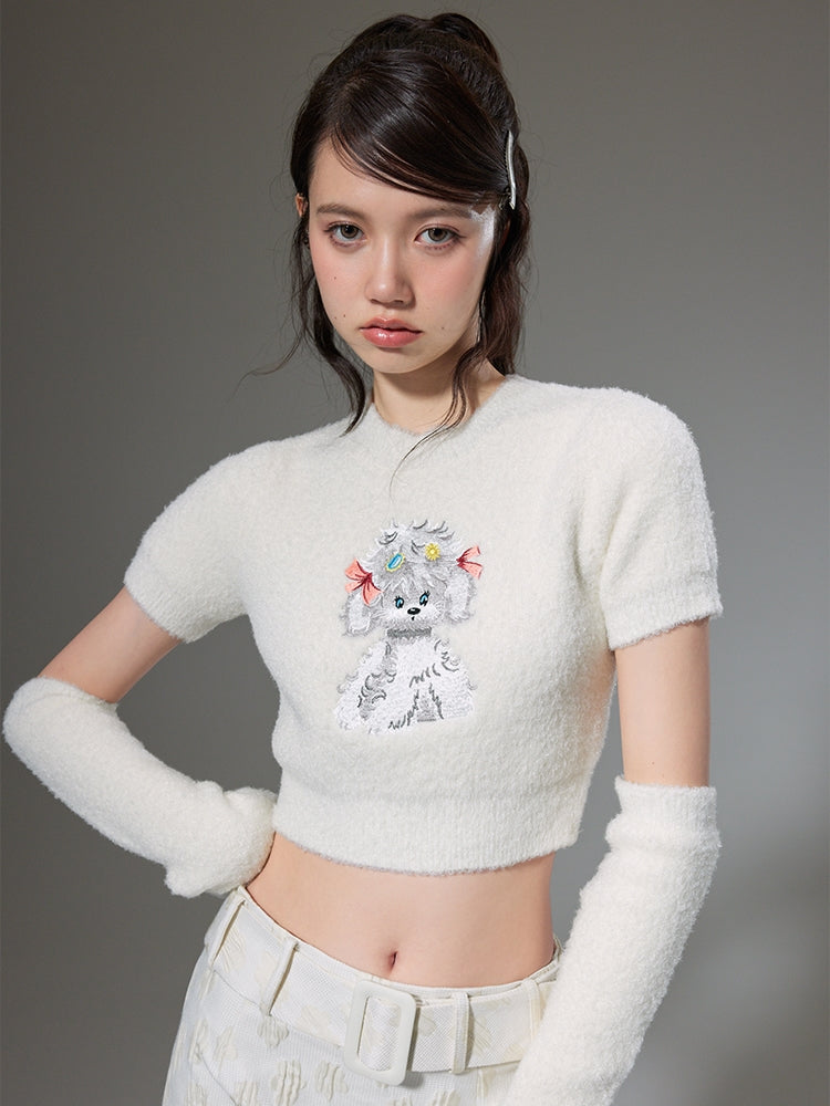 Puppy Embroidered Short Sleeve Knit Sweater