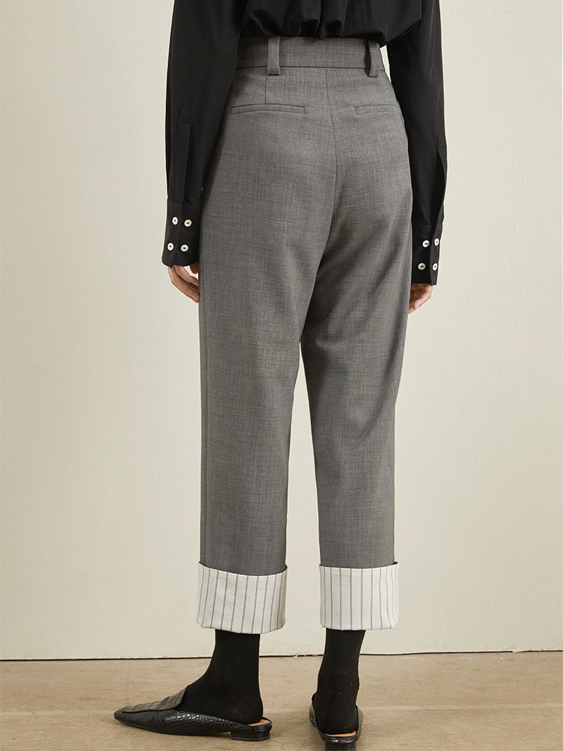 Striped Casual with Cuffs Nine-Point Tapered Pants