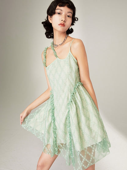 Green Lace Irregular Hem Split Sling Dress