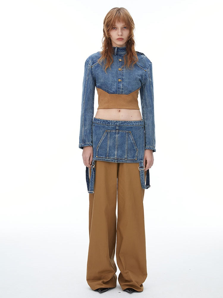 Denim Suspenders Wide-Leg Pants