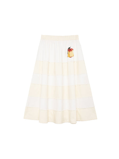 Apple Printed Raw Edge Stripe Patch Skirt