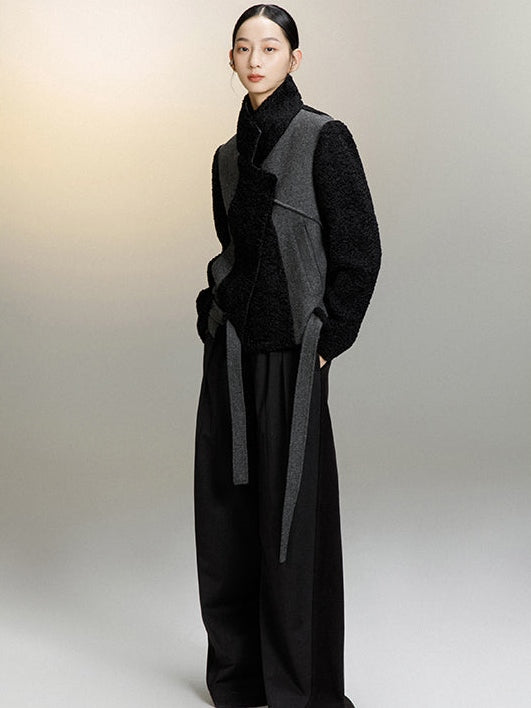 Lambskin Stitched Woolent Cropped Coat