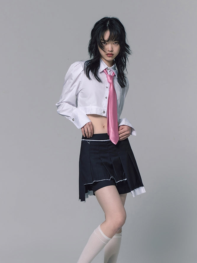 College-style Pleats Cut-off Irregular Wrap-skirt