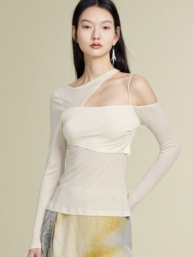 Stitching of-the-shoulder long-sleeed t-shirt