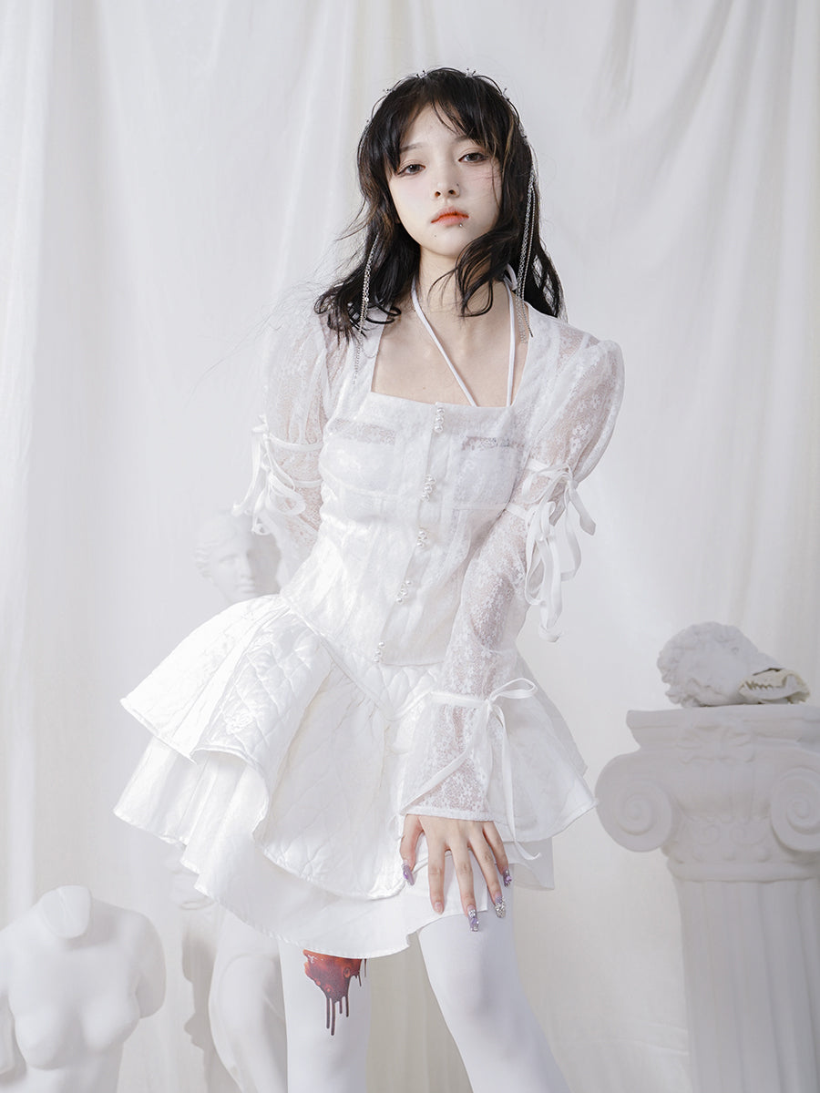 Fluffy Sheer Lace Ribbon Sweet Blouse