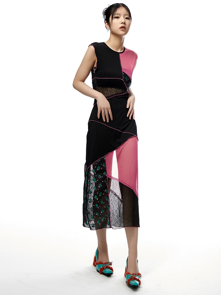 Multi-Color Stitching Color-Blocking Sleeveress Dress