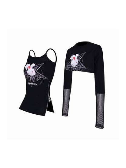 Rock Rabbit Stitching Mesh T-Shirt &amp; Camisole Set