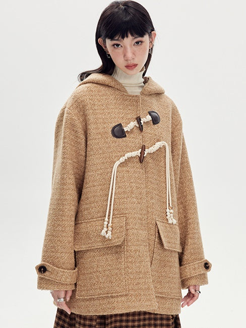 Hooded Horn Buckle Wool Coat