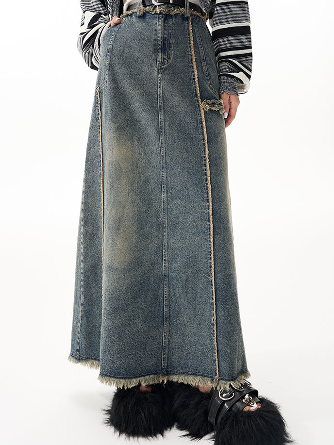 Retro Raw Edge Slit Washed Denim Skirt