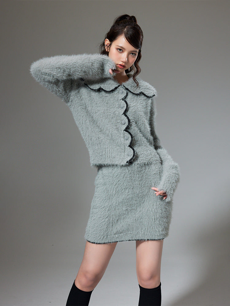 Plush Knitted Cardigan &amp; Skirt