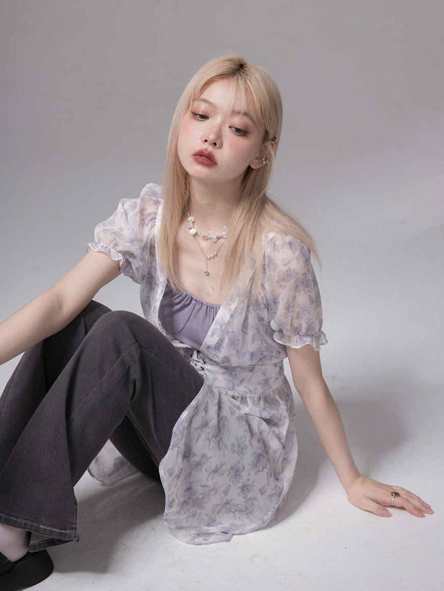 Romantic Transparent Floral Shirt ＆ Camisole Set-up