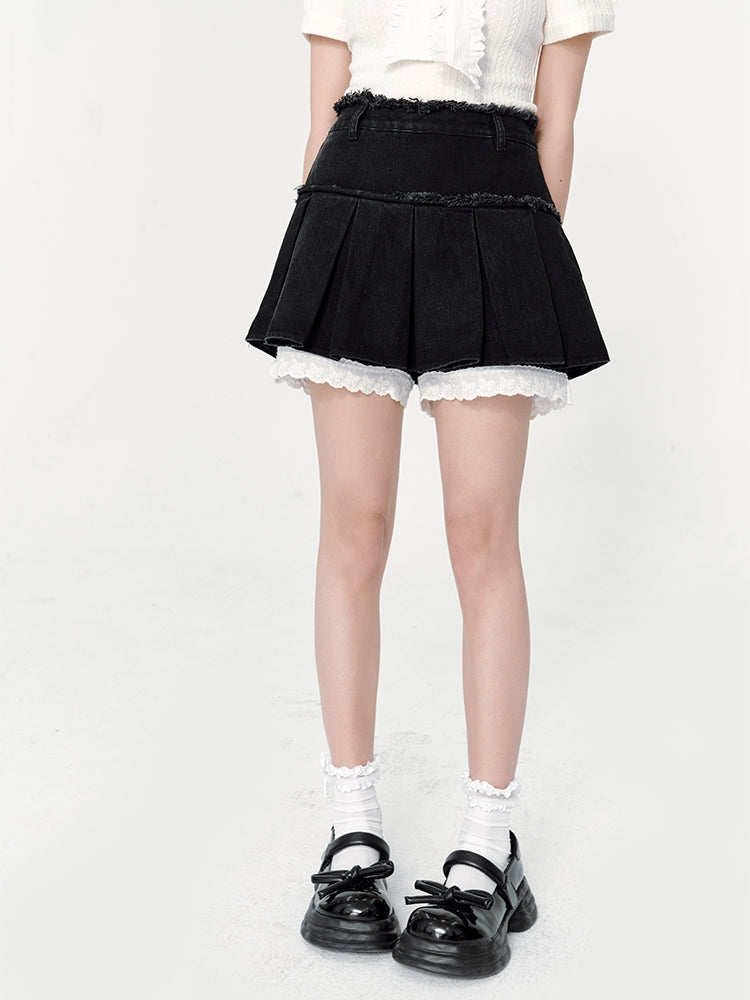 Pleated Denim Shorts Lace Culottes