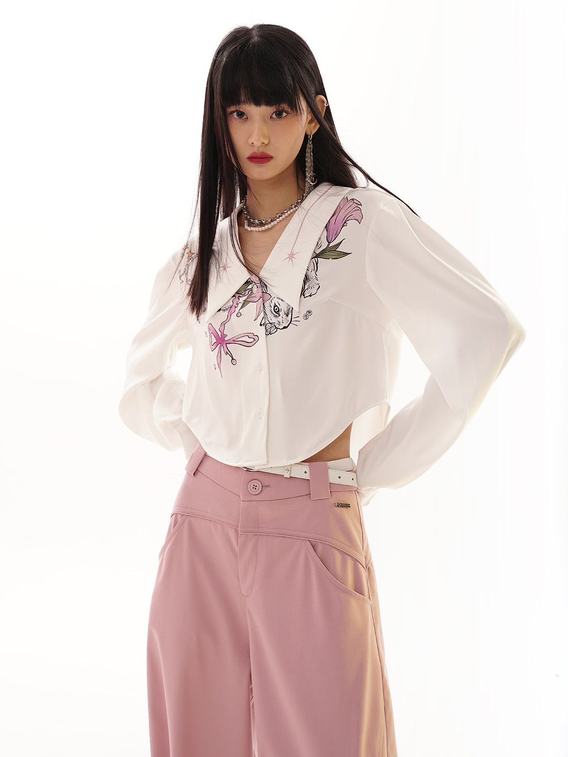 Rabbit Printing Long-sleeved Short Shirt