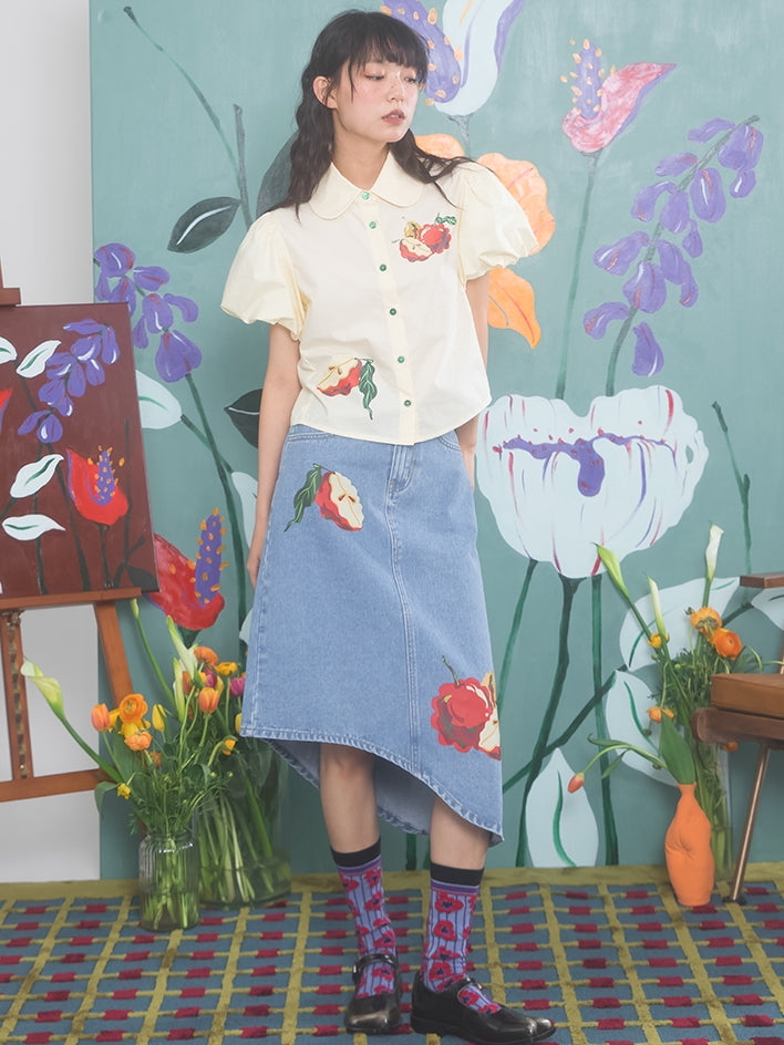 Apple Pattern Printing IRREGULAR DENIM SKIRT