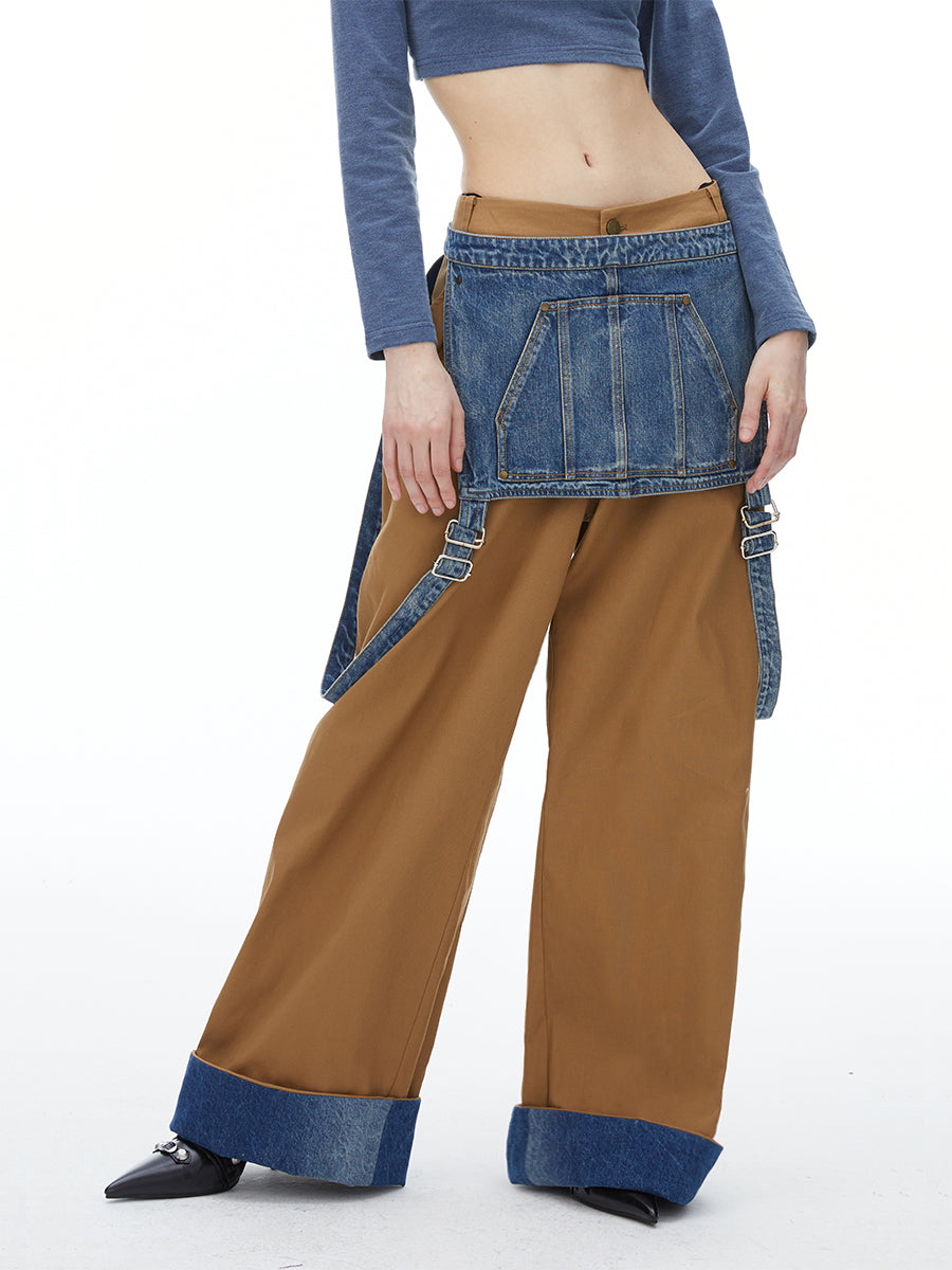 DENIM SUSPENDERS WIDE-LEG PANTS