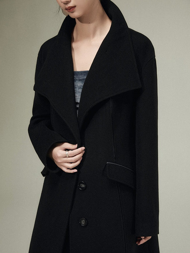 Patchwork Leather Wool Long Coat