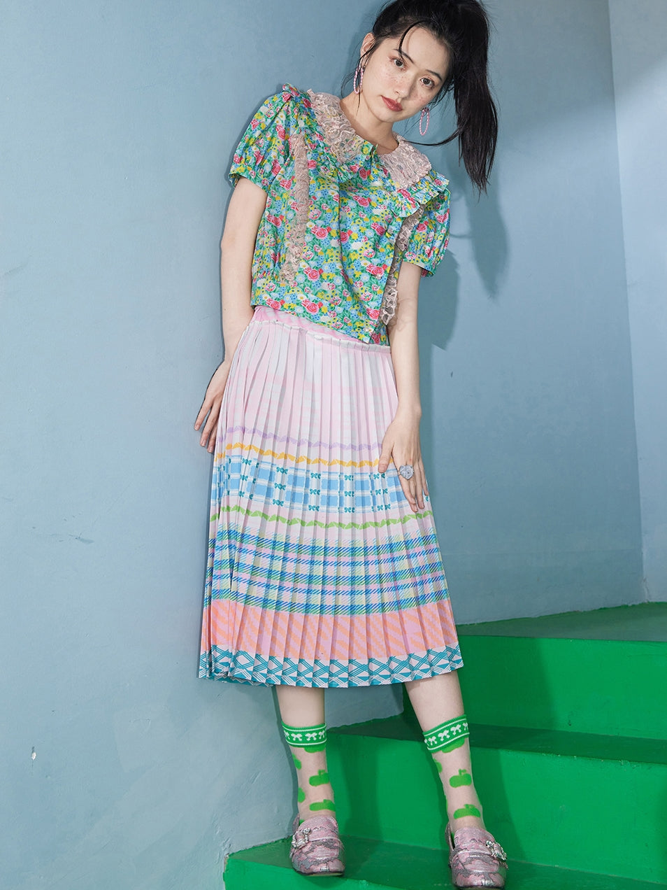 Macaron Check Striped Pattern Pleated Skirt