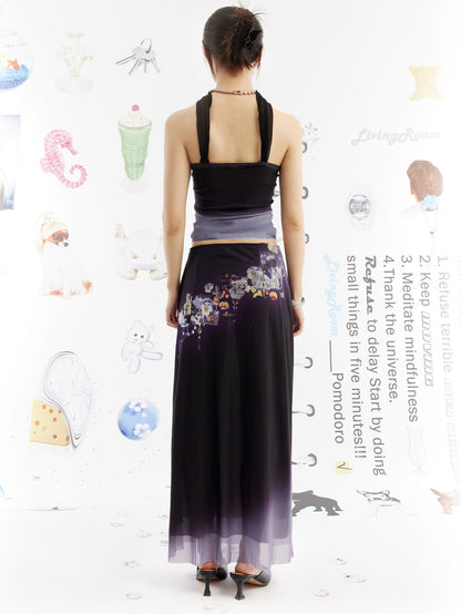 Gradient Chain Printed Mesh Maxi Skirt