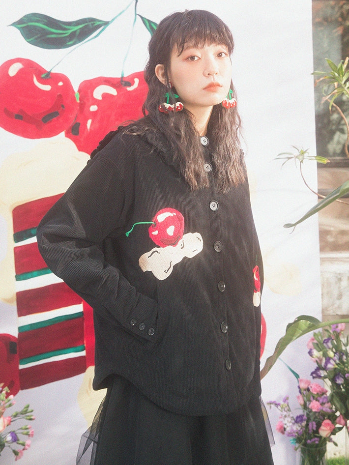 Cream Cherry Pattern Embroidery Navy Collar Jacket