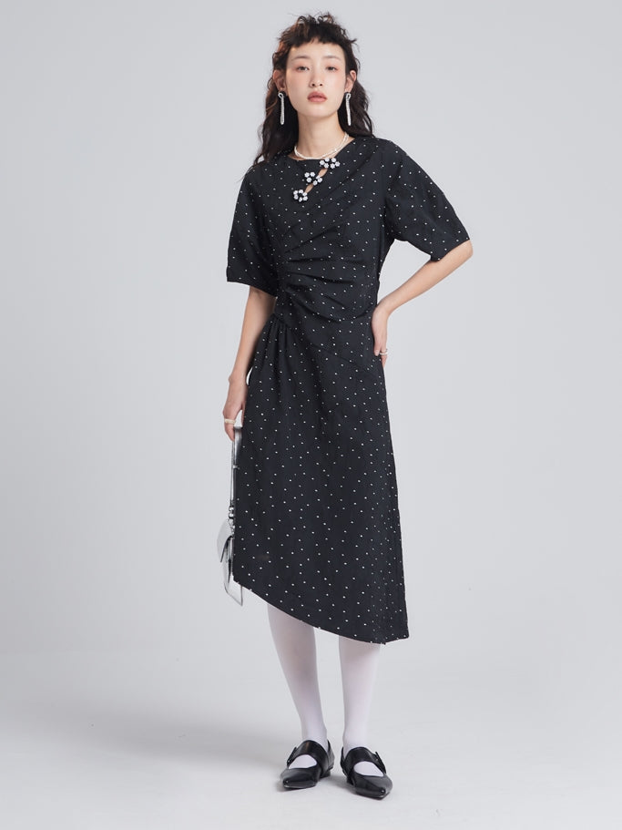 BEAD FLOWER JACQUARD POLKA DOT IRREGULAR DRESS