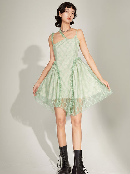 Green Lace Irregular Hem Split Sling Dress