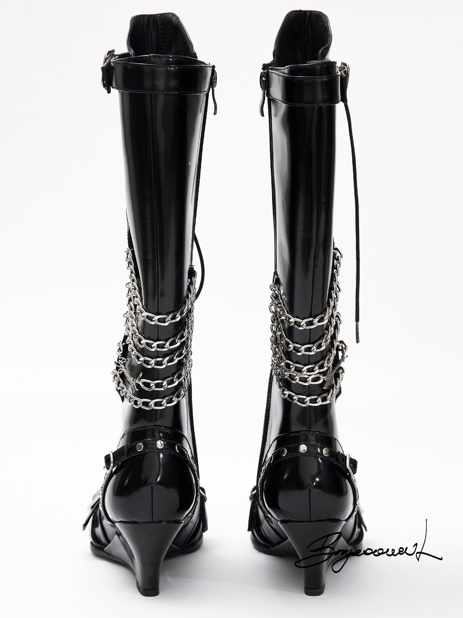 Pointed-toe Wedge Heel Lace-Up Boots