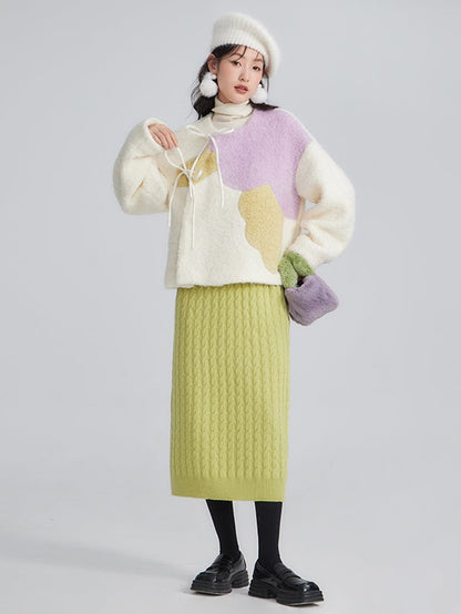 Contrast Color Peony Slanted Placket Heavy Woolen Coat