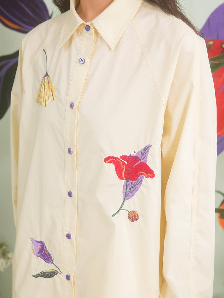 Flower Embroidery Raglan Sleeve Loose Shirt