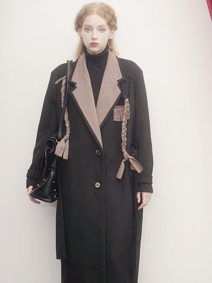 Contrasting Color Long Woolen Coat